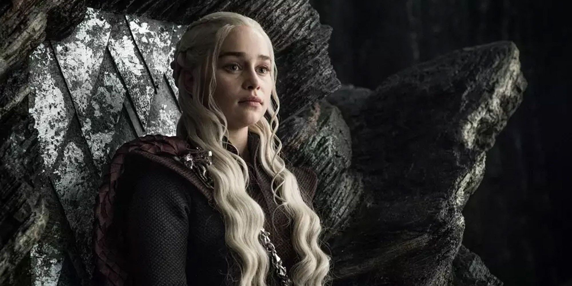 Daenerys Targaryen sitting on the throne at Dragonstone