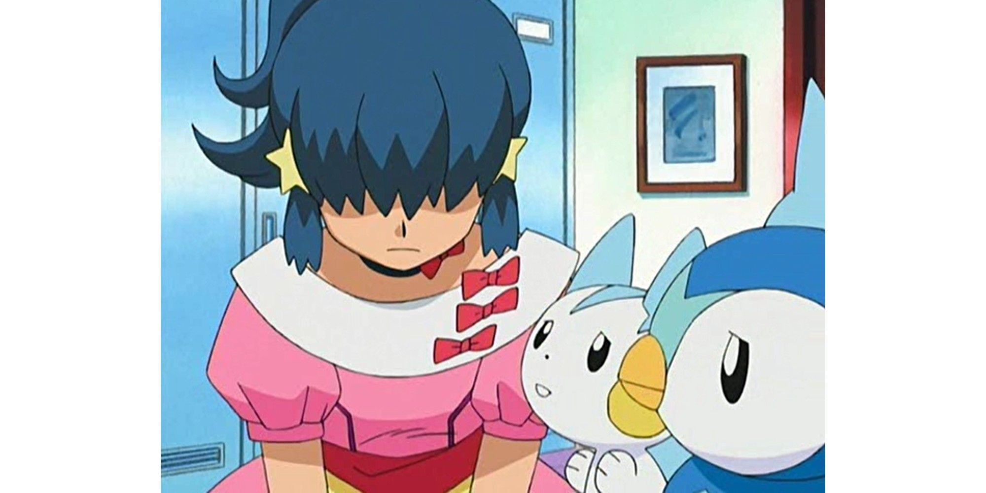 Dawn from the Pokemon anime sits, dejected after losing the Hearthome contest. Piplup and Pachirisu are beside her.