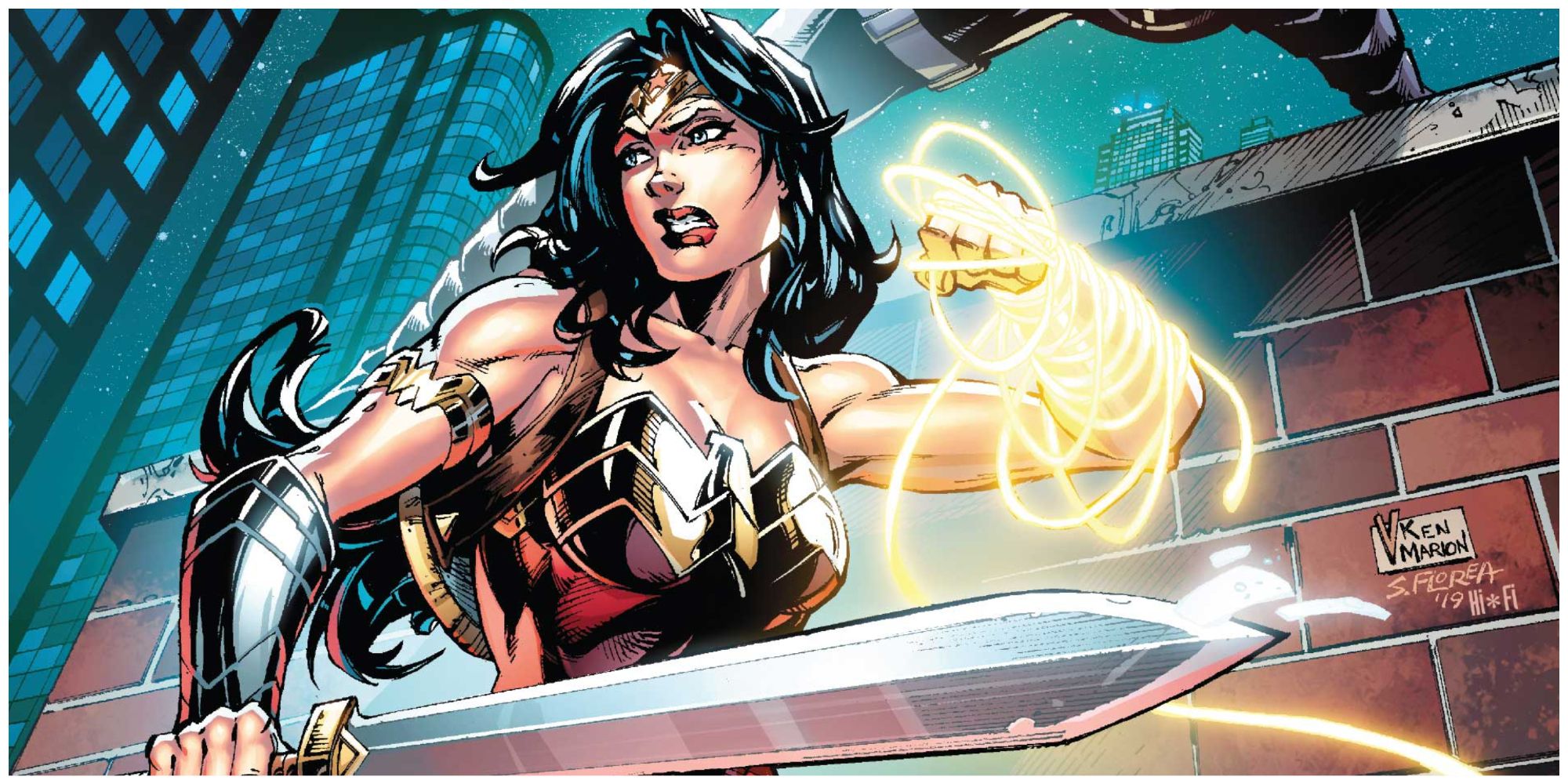 Wonder Woman stands her ground, looking for a hidden opponent