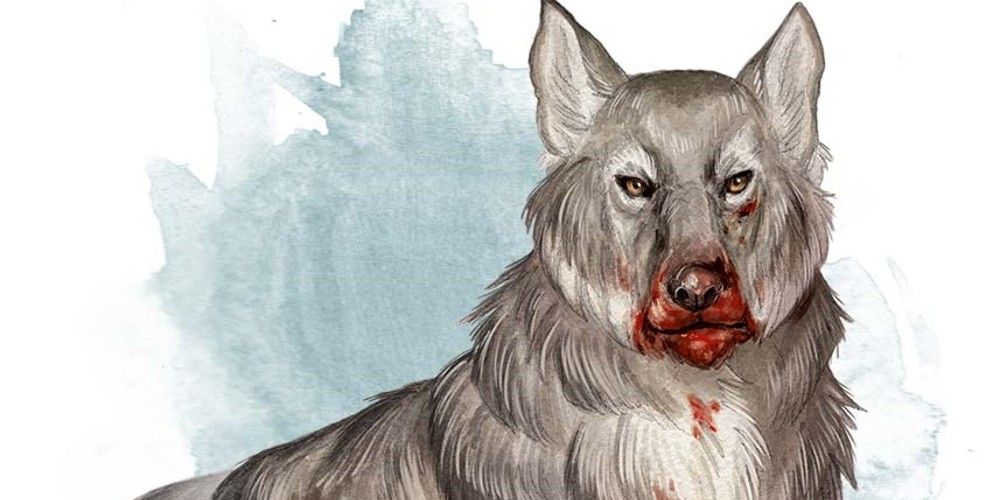 Official DND art of a dire wolf with blood on its mouth