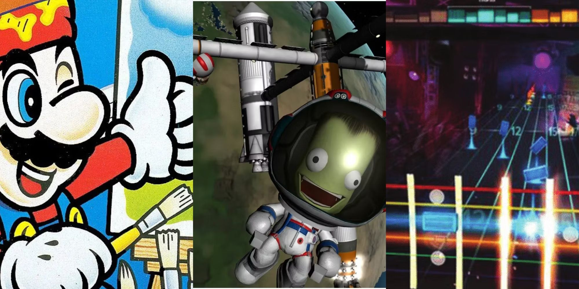 Collage of classic edutainment titles: Mario Paint, Kerbal Space Program, Rocksmith