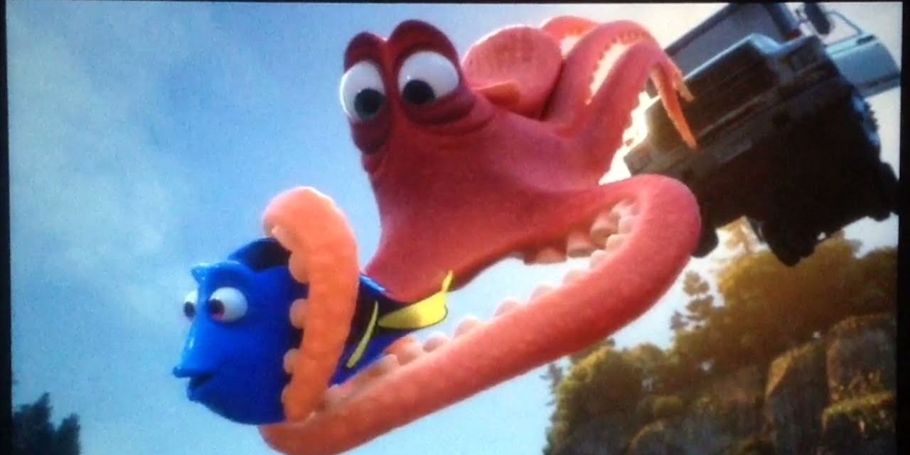 Hank and Dory tape together in a scene from Finding Dory.