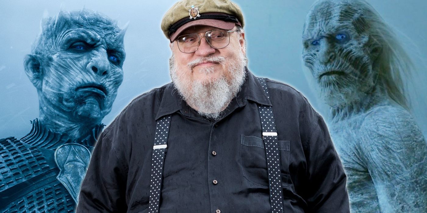george rr martin flanked by two white walkers