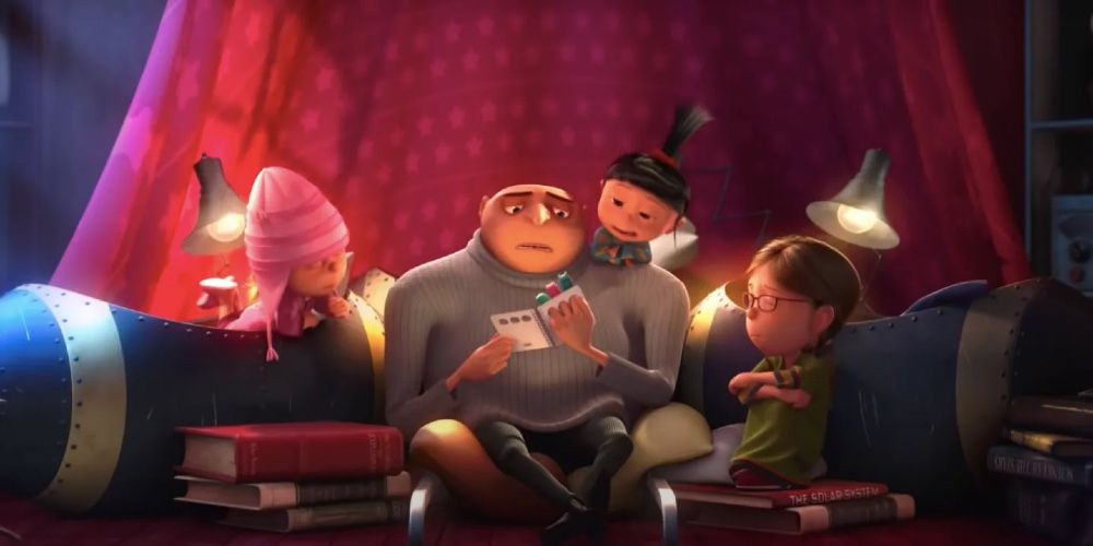 Gru is reading a bedtime story for the girls in Despicable Me