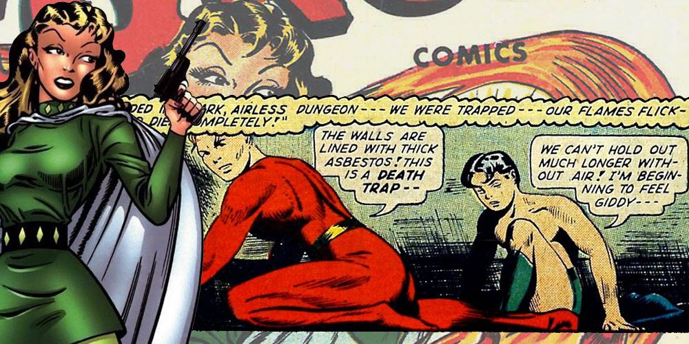 A collage showing Golden Age villain Asbestos Lady and the original Human Torch in a death trap
