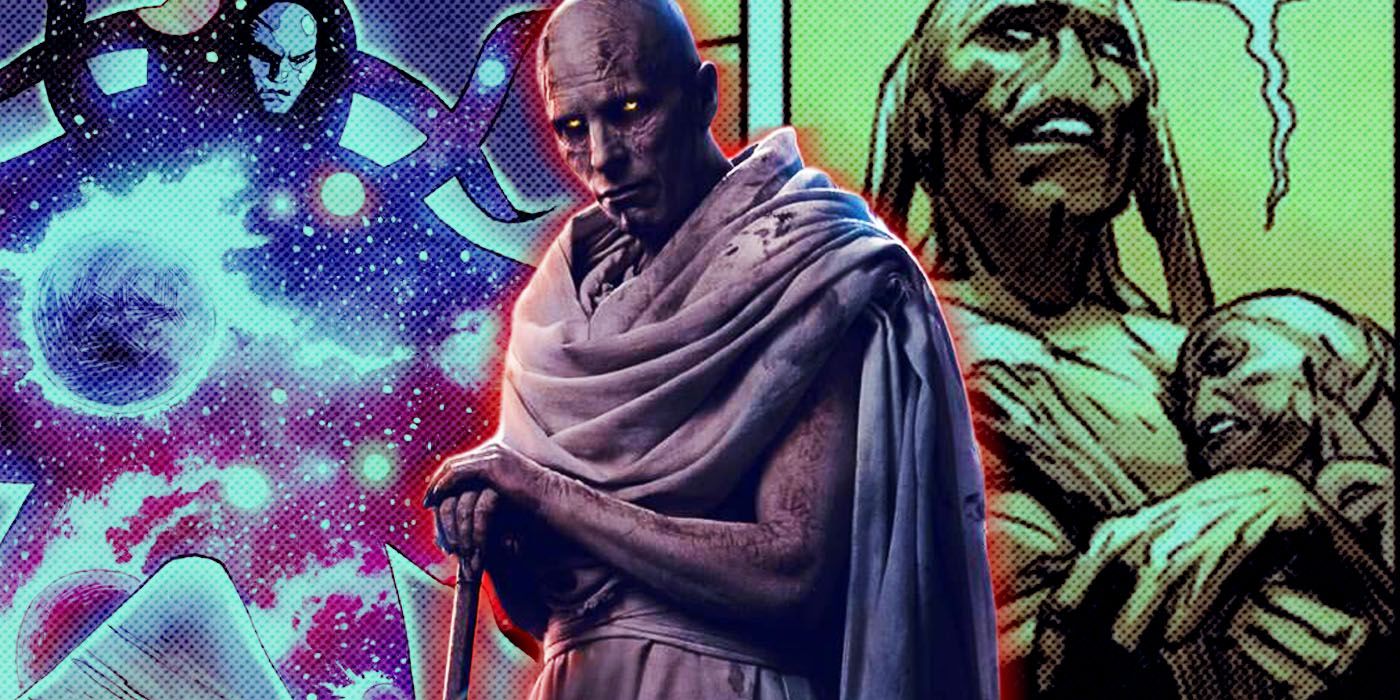The MCU's Gorr is positioned in front of Eternity and his comics counterpart