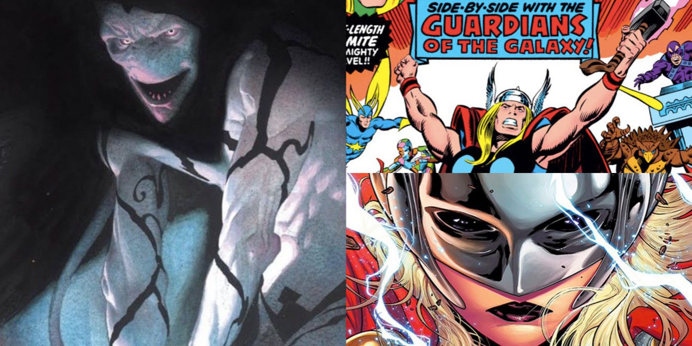 Images of Gorr, Thor, and the mighty Thor side by side from the comics
