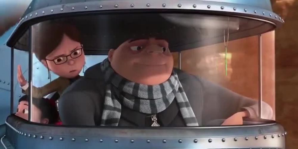 Gru e Margo dirigem o carro de Gru em Meu Malvado Favorito enquanto Agnes olha pela janela.