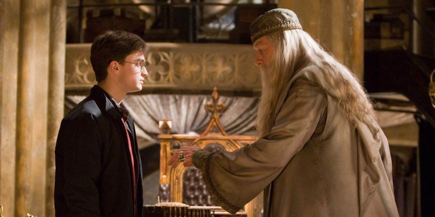 Harry and Dumbledore in Harry Potter.