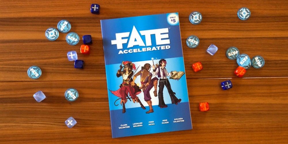 The Fate Accelerated book surrounded by dice and tokens.