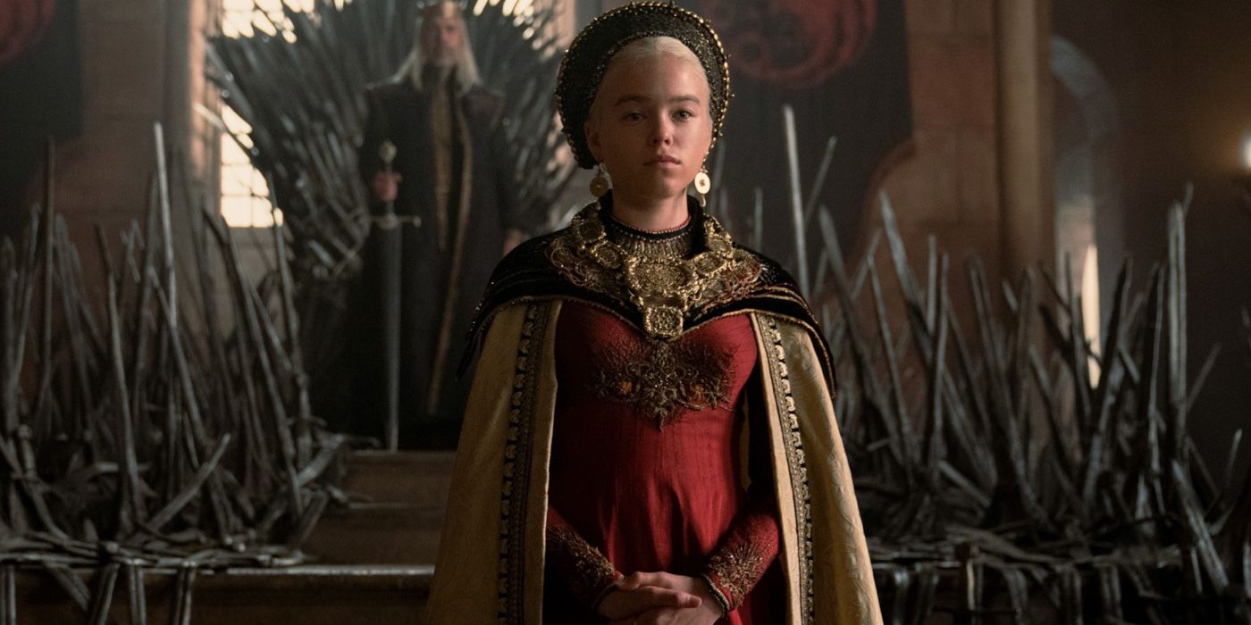 Young Rhaenyra in front of the iron throne in House of the Dragon