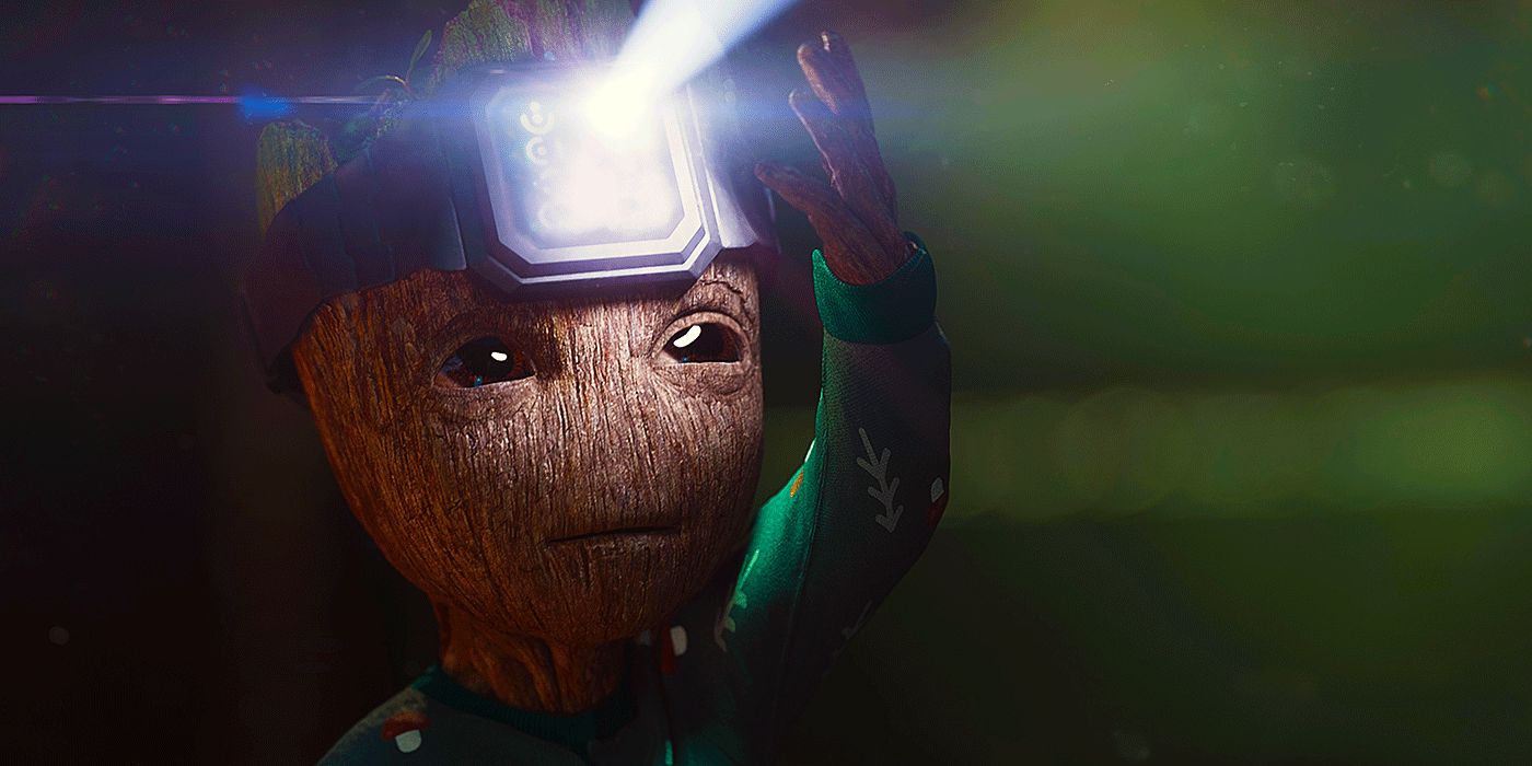 Baby Groot with a headlamp and Christmas sweater on
