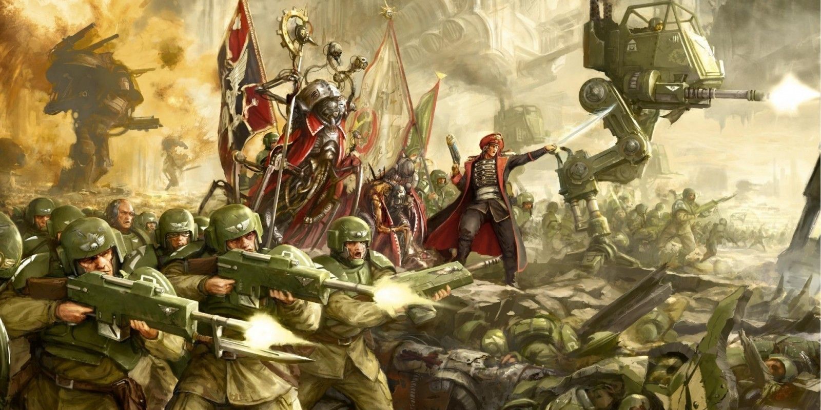 A battalion of Imperial Guard troops in battle in Warhammer 40K.