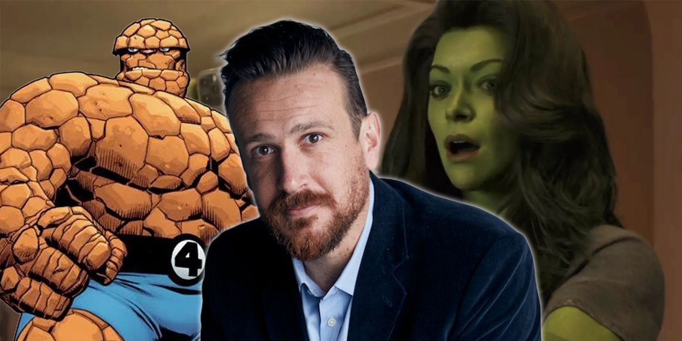 jason segel flanked by the thing from marvel comics and live-action she-hulk