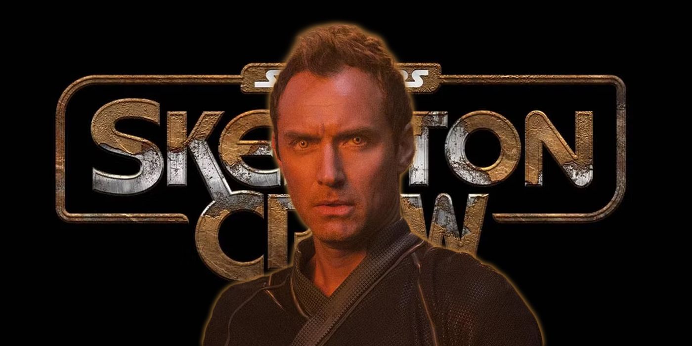jude law from captain marvel in front of star wars skeleton crew logo