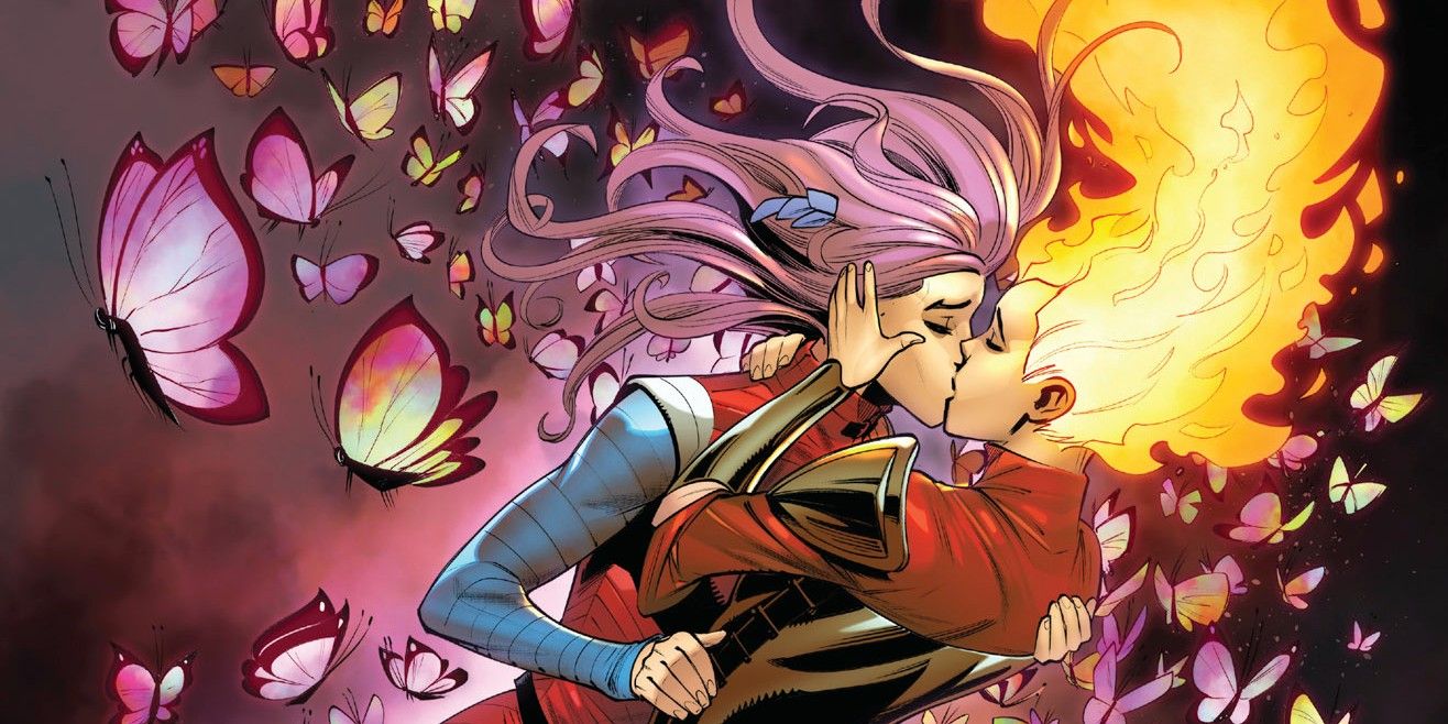 Captain Britain and Rachel Grey kissing in Marvel Comics' Knights of X