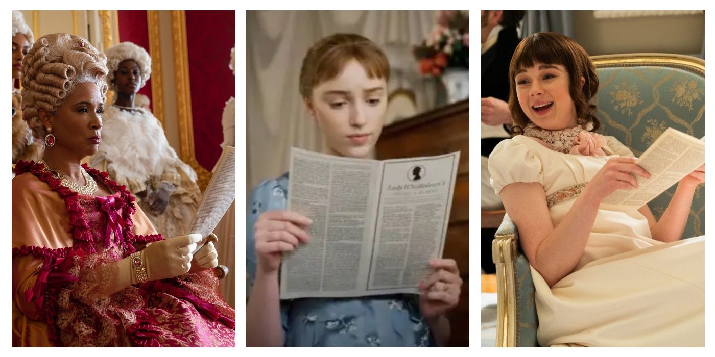 A collage of the Queen, Daphne and Eloise Bridgerton reading Lady Whistledown