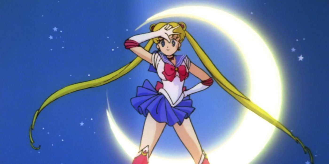 Sailor Moon doing the Make Up pose in front of the moon in Sailor Moon.