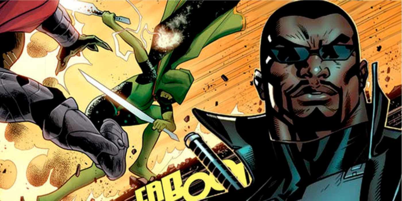 Blade battles a green-cloaked swordsman in Marvel Comics
