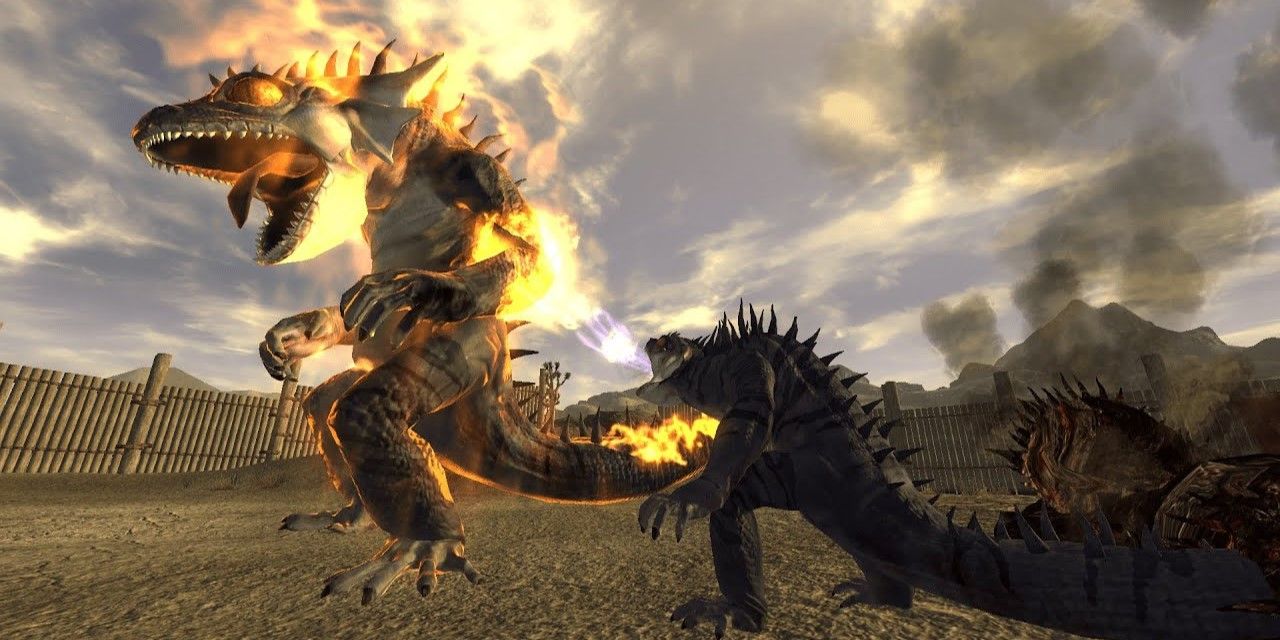 Uma lagartixa de fogo lutando contra Gojira em Fallout: New Vegas.