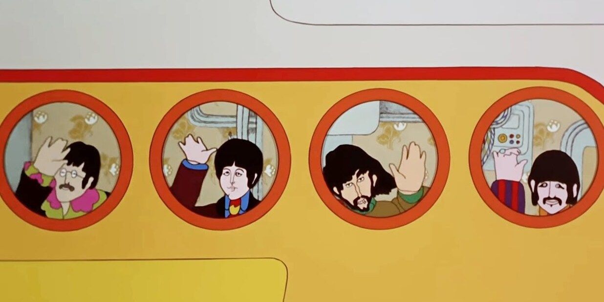 John, Paul, George y Ringo saludando en el submarino amarillo