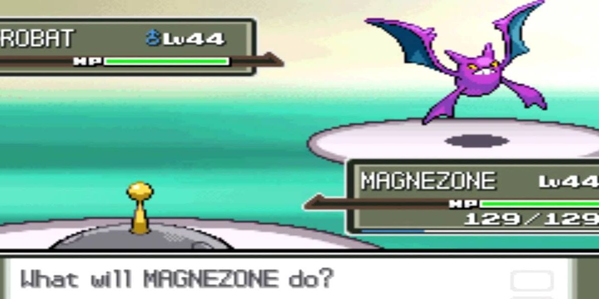A screenshot from pokémon platinum of a magnezone battling a crobat