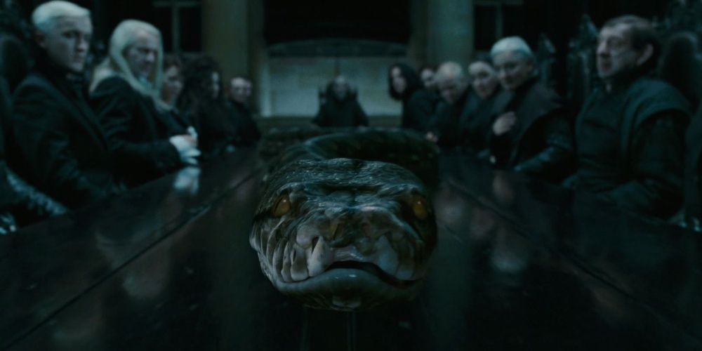 Nagini in Harry Potter slithering on a table in Malfoy Manor at a Death Eater meeting.