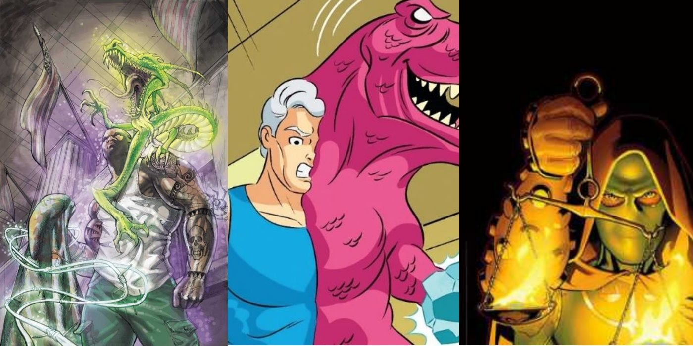 A split image showing DC villains Tattooed Man, Animal-Mineral-Vegetable Man, and Libra