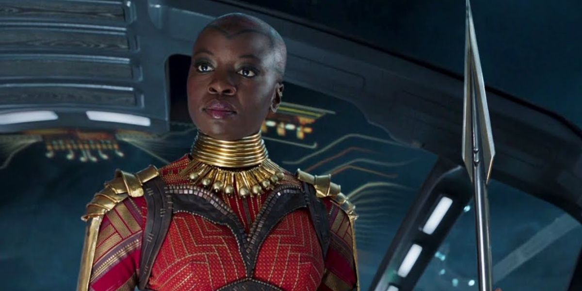 Okoye from Black Panther holding a vibranium spear