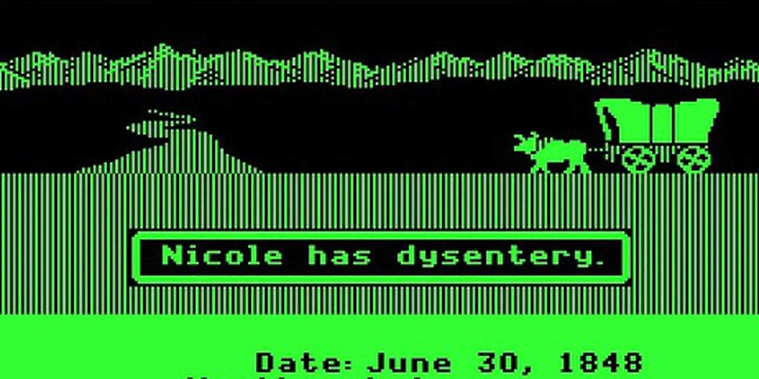 The famous "You Have Died Of Dysentery" screen from Oregon Trail on a two-color display.
