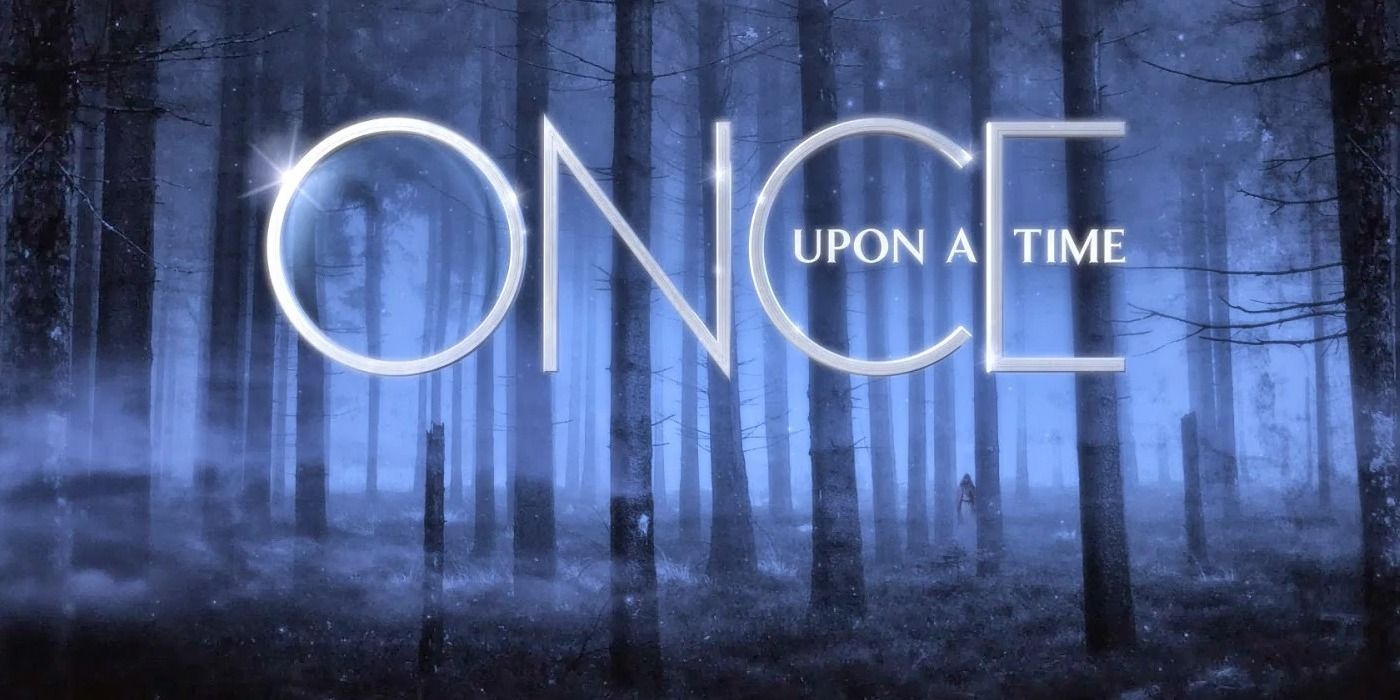 Once Upon a Time TV show title card, title in front of misty dark woods background