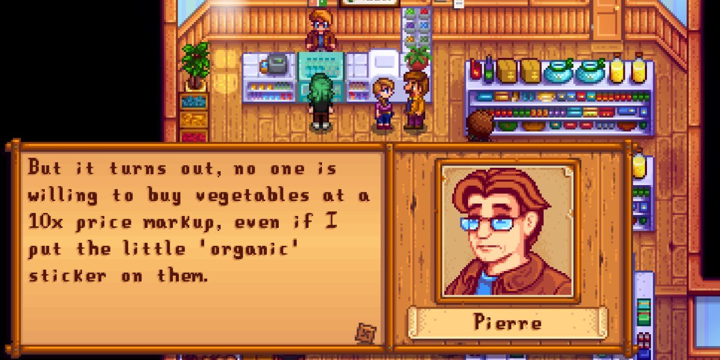 Pierre habla con el jugador en su tienda de Stardew Valley.