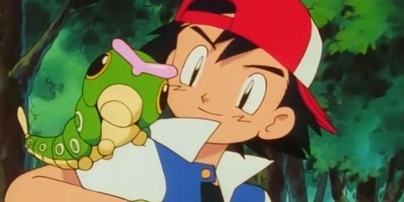 Pokemon caterpie on Ash Ketchum's shoulders in the anime