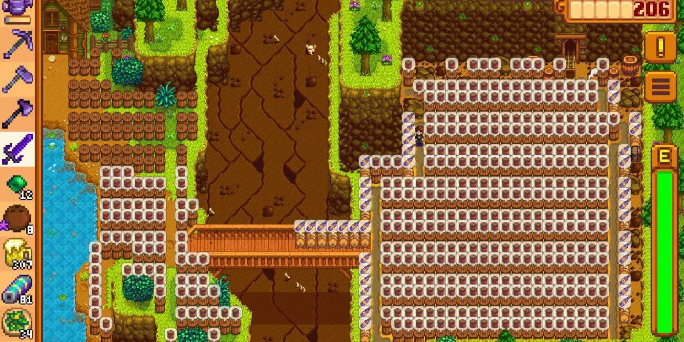 Hundreds of preserves jars on a farm in Stardew Valley