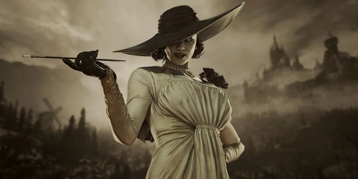 Lady Dimitrescu looking down at the player in Resident Evil Village.