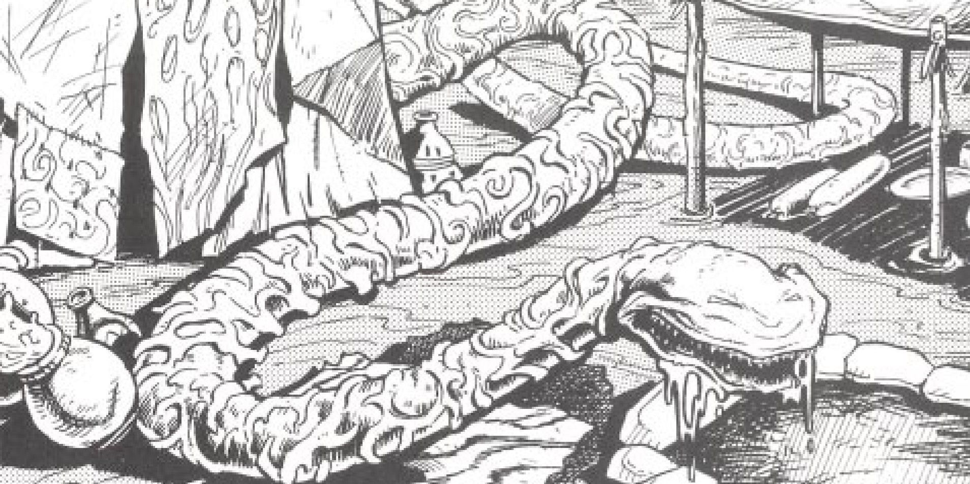 A picture from the 2e adventure "a little knowledge" featuring a silk wyrm sneaking into a camp