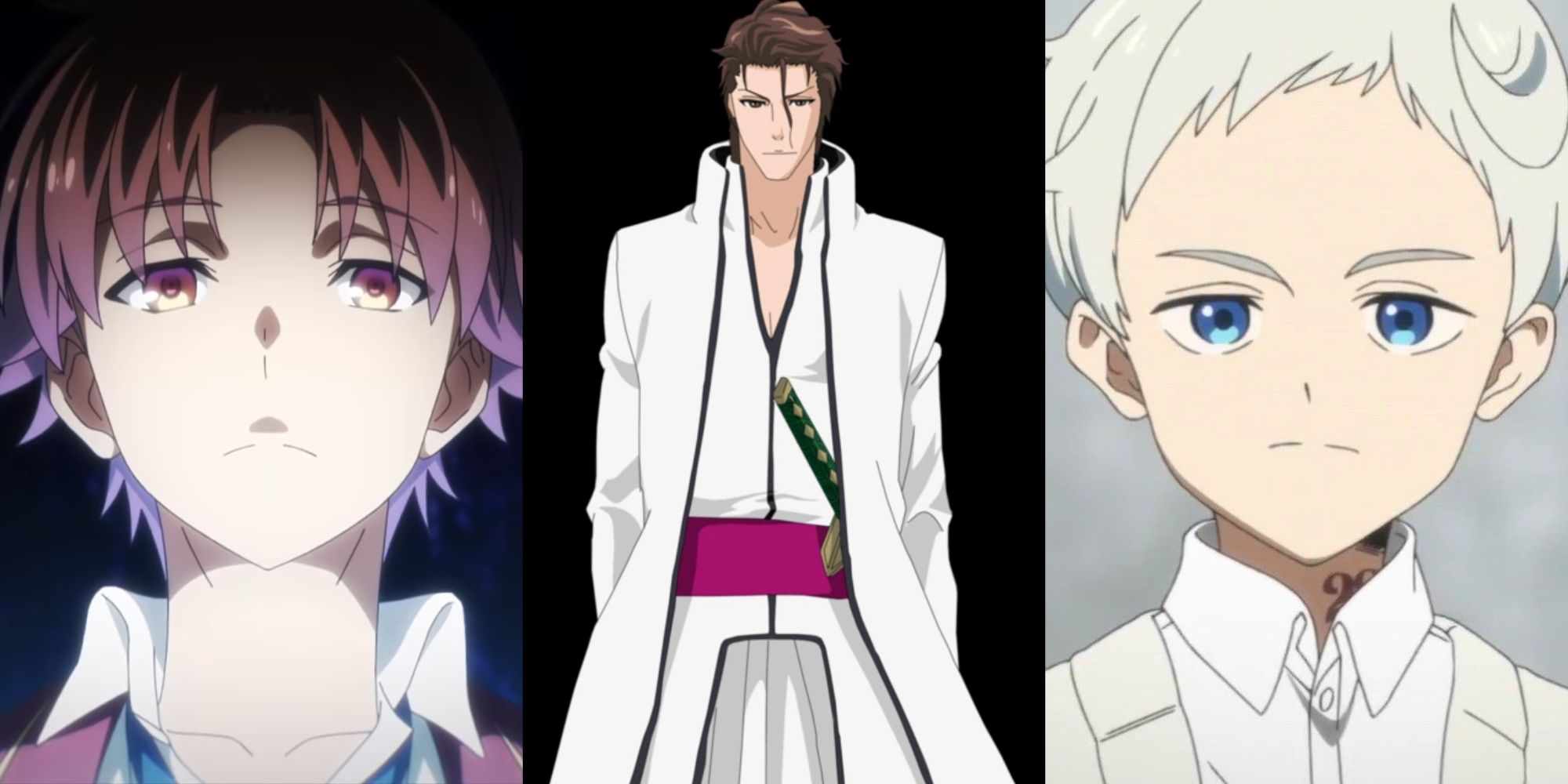 split image of kiyotaka ayanokoji classroom of the elite, sosuke aizen bleach, and norman the promised neverland