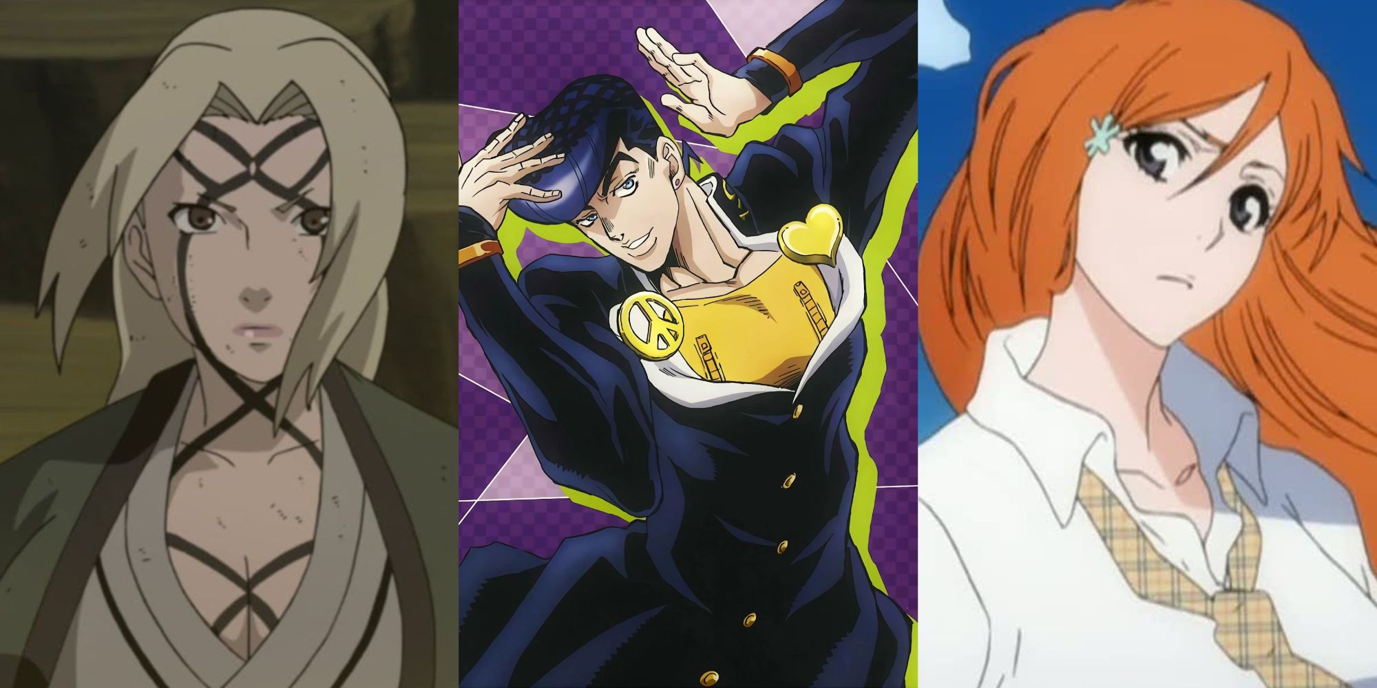 split image of lady tsunade naruto shippuden, josuke jojo's bizarre adventure, and orihime bleach