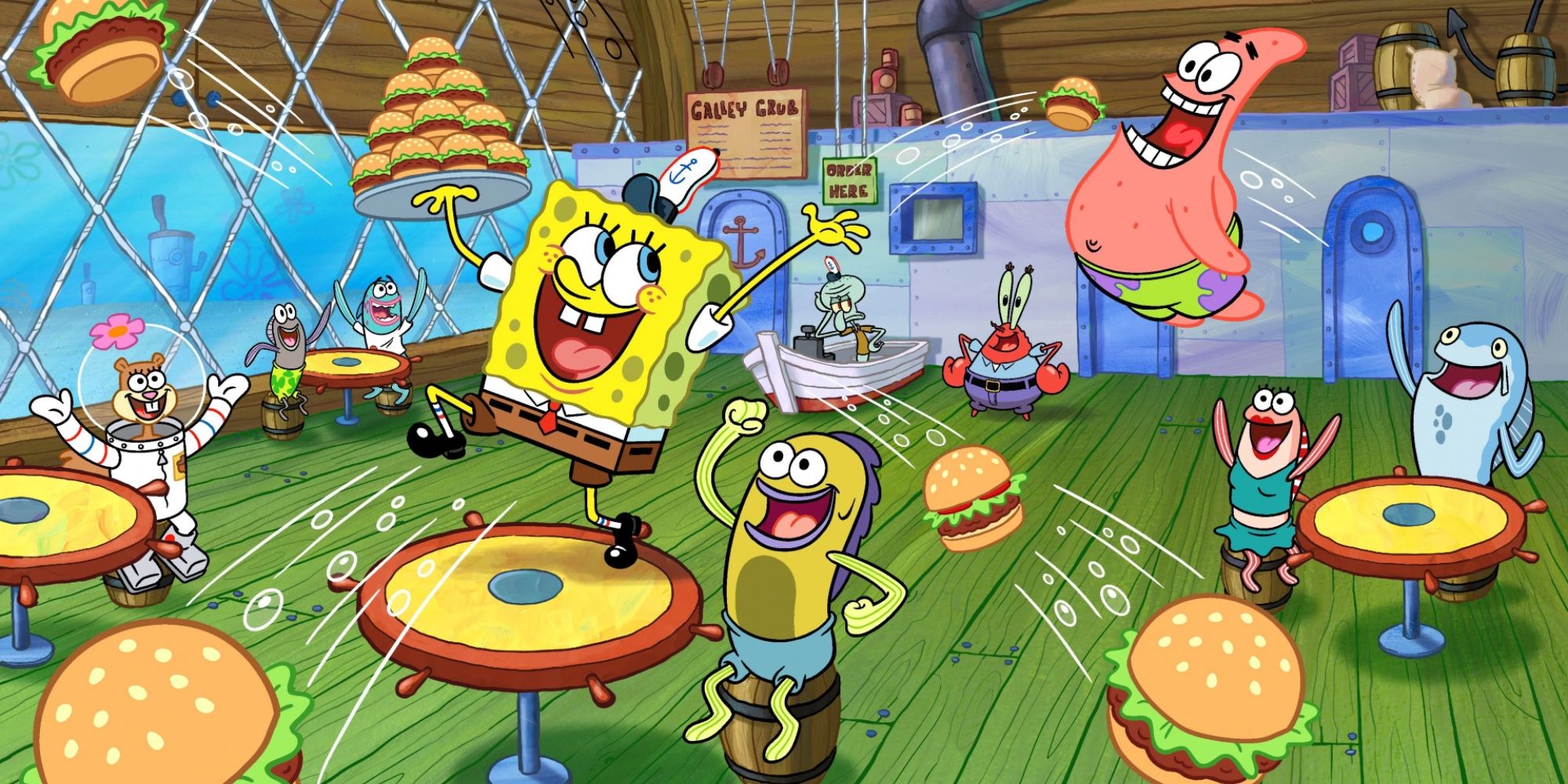Sponge bob offering krabbie pancakes in the Krusty Krab