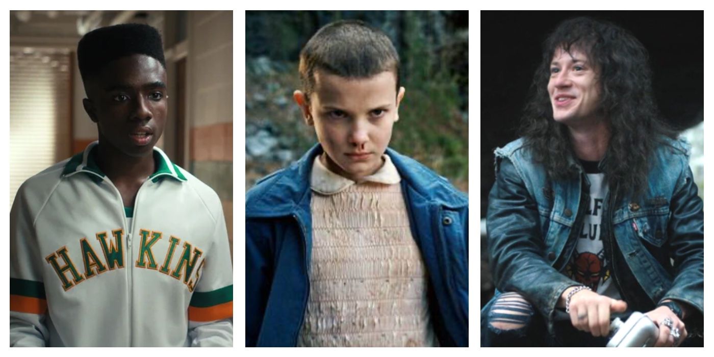 A split image featuring Lucas, Eleven and Eddie