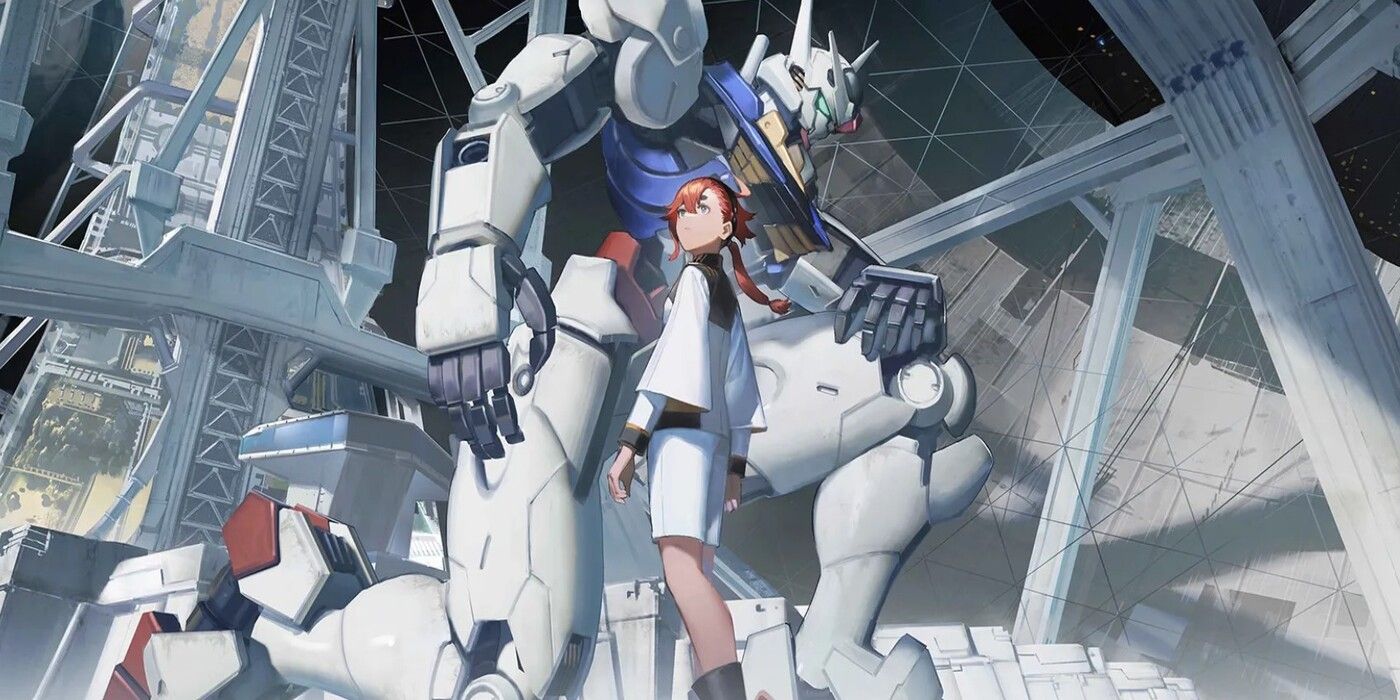 Suletta standing in front of a giant Gundam suit