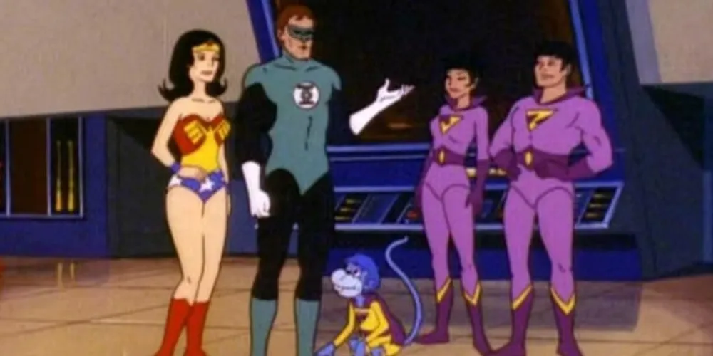 Super friends Wonder Woman, Nightwing, The Wonder Twins and Gleek, the alien monkey, chat