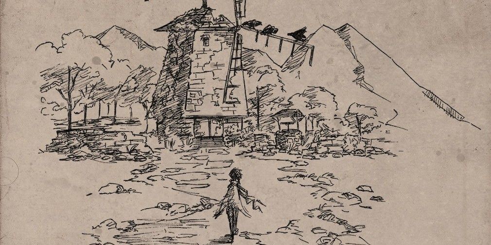Promotional art from The Quiet Year, a figure walks up to an old windmill.