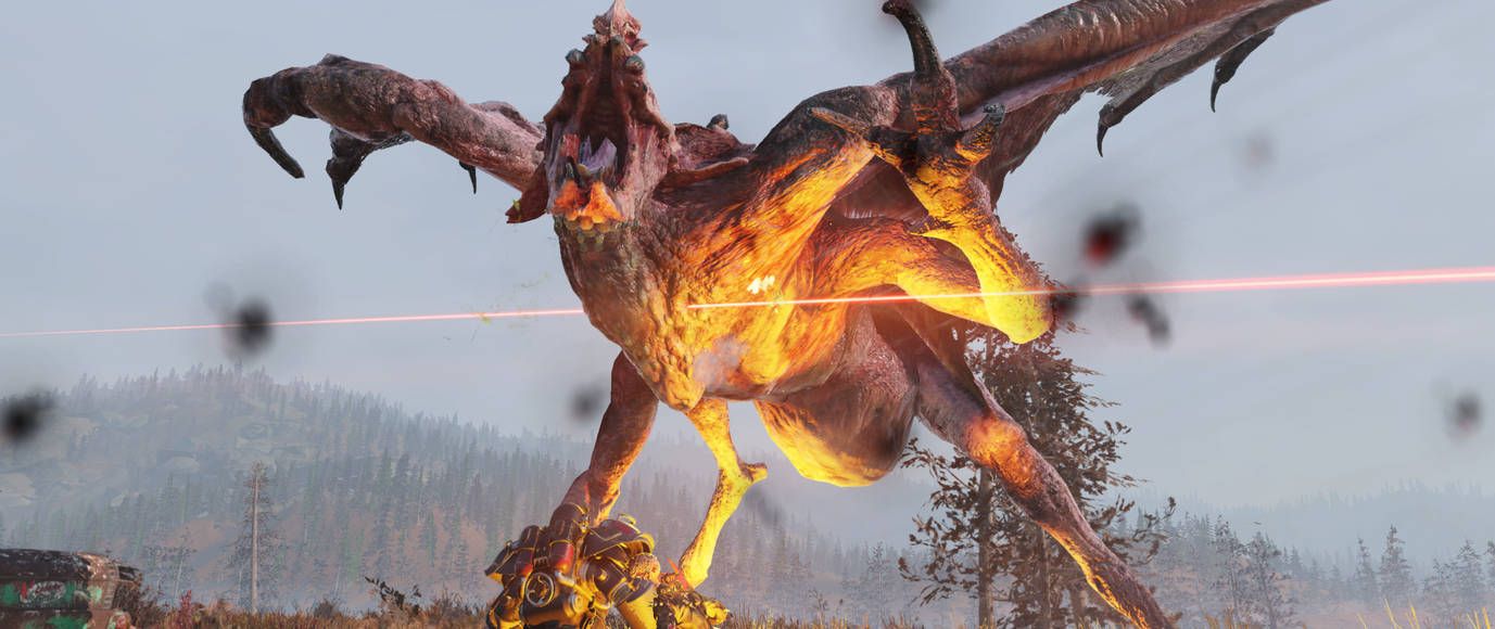 A scorchbeast queen from Fallout 76 being shot at while flying.