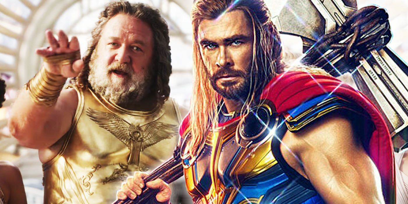 Colagem de Thor e Zeus em Thor: Amor e Trovão