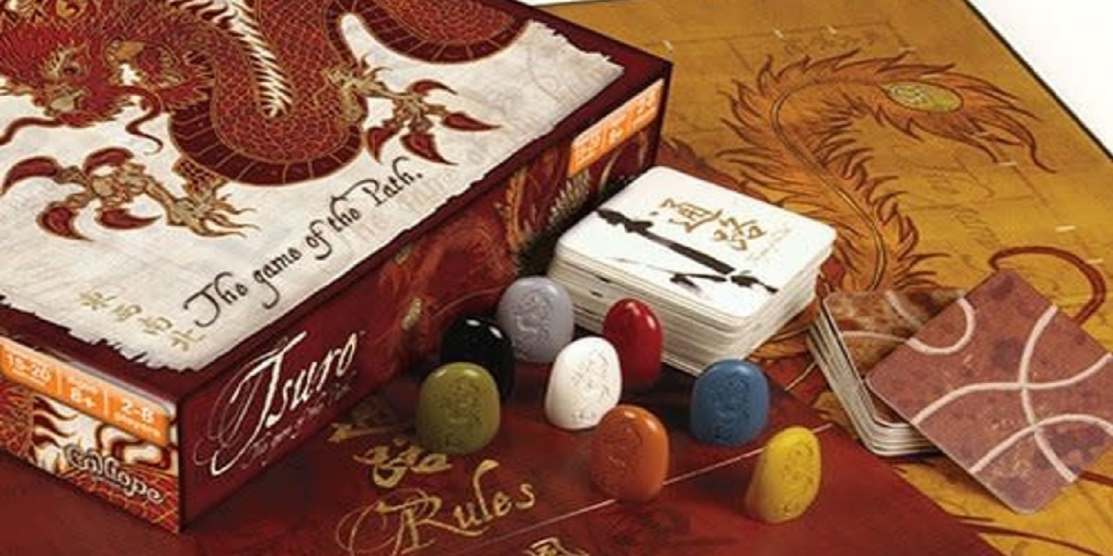 The game board, box, and components for Tsuro: The game of the Path