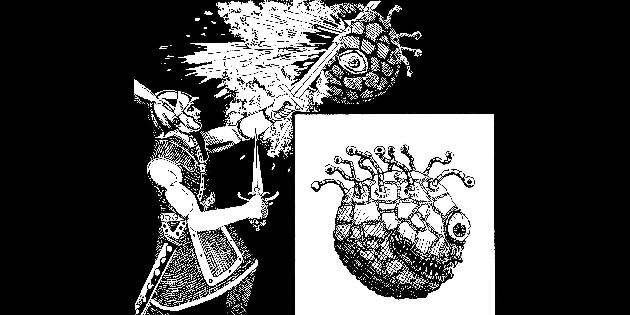 A gas spore spore being struck and a looming beholder for contrast from the 1st edition D&D monster manual