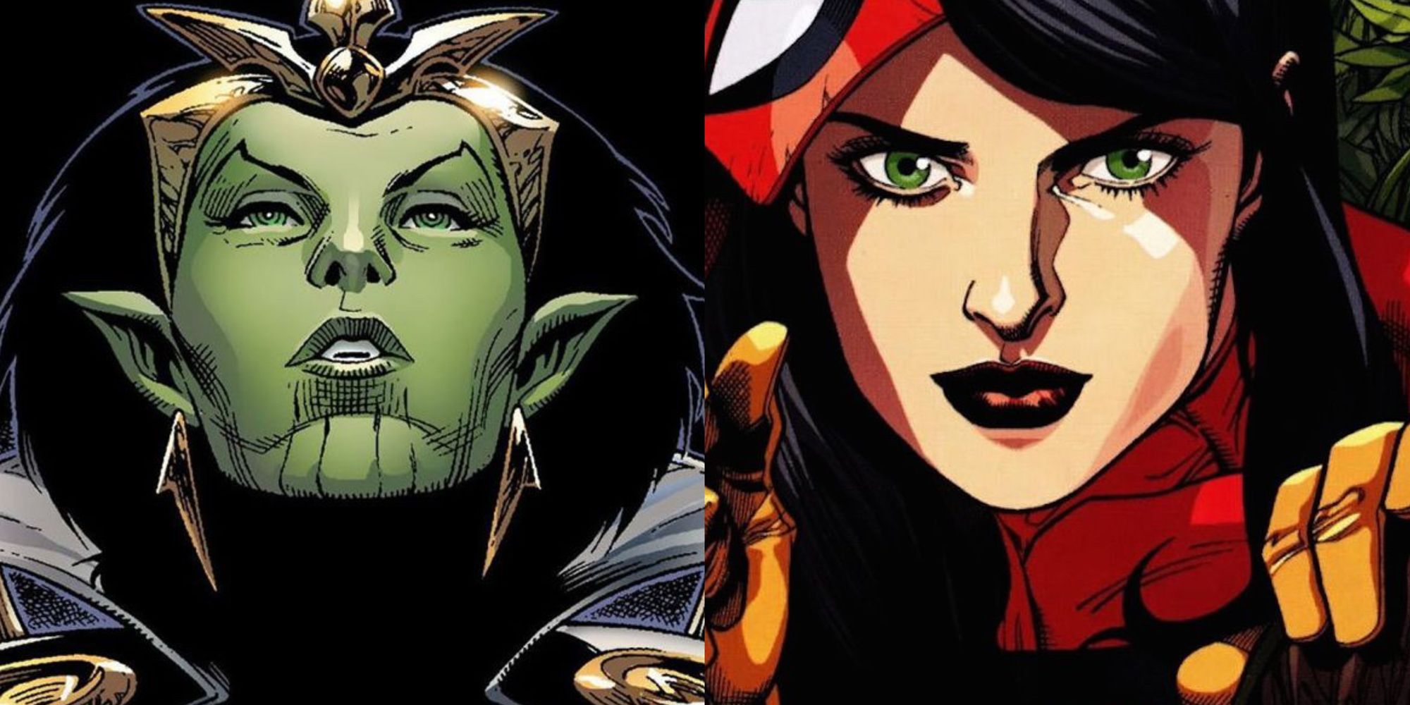 A split image of Marvel Comics' Veranke and Spider-Woman from Secret Invasion