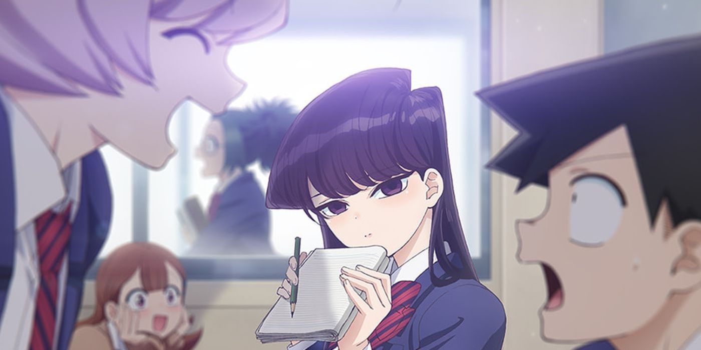 Komi holding pencil and paper in the middle of her classmates in Komi Can't Communicate Feature