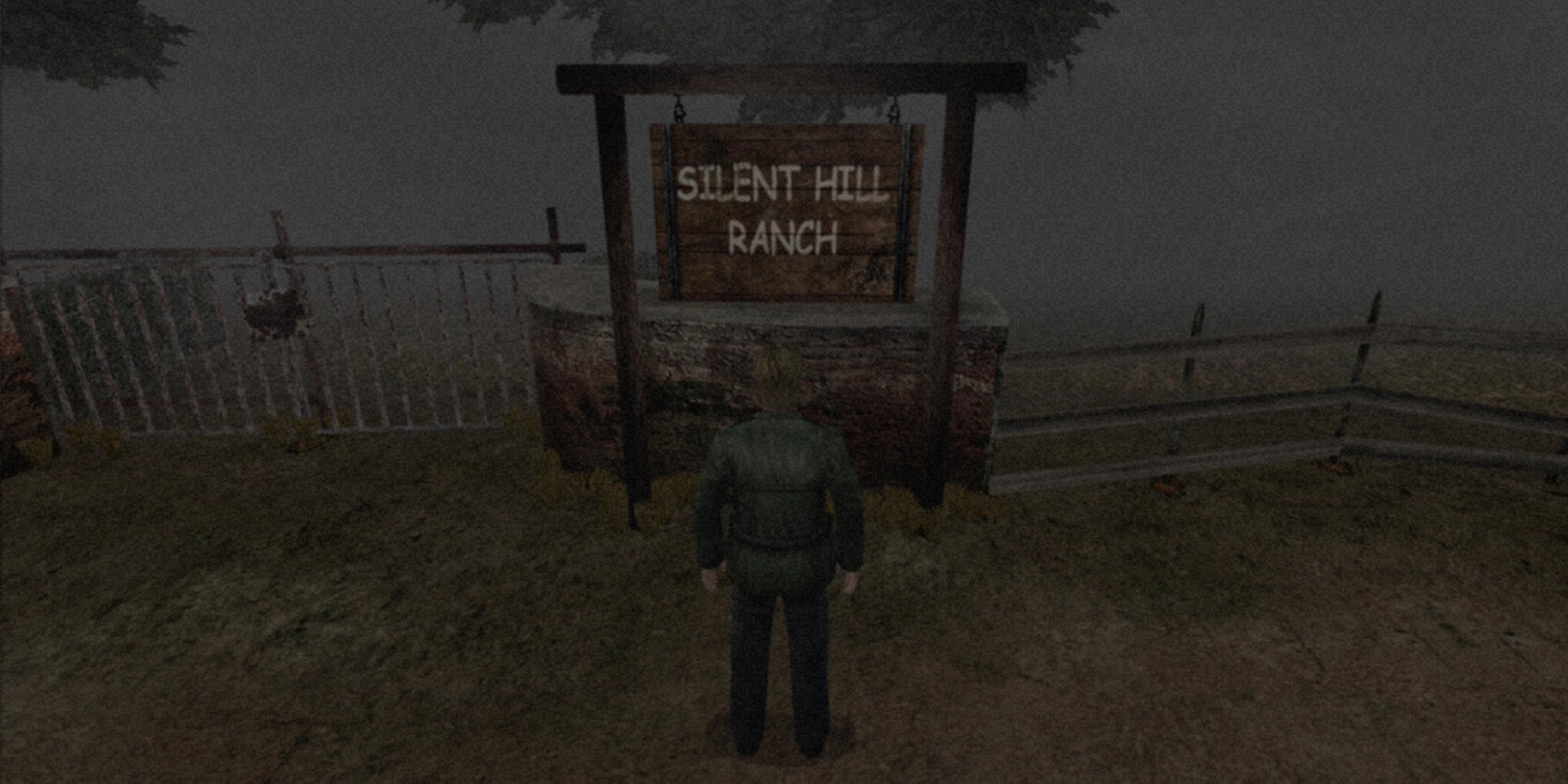 James observa a placa do Silent Hill Ranch.